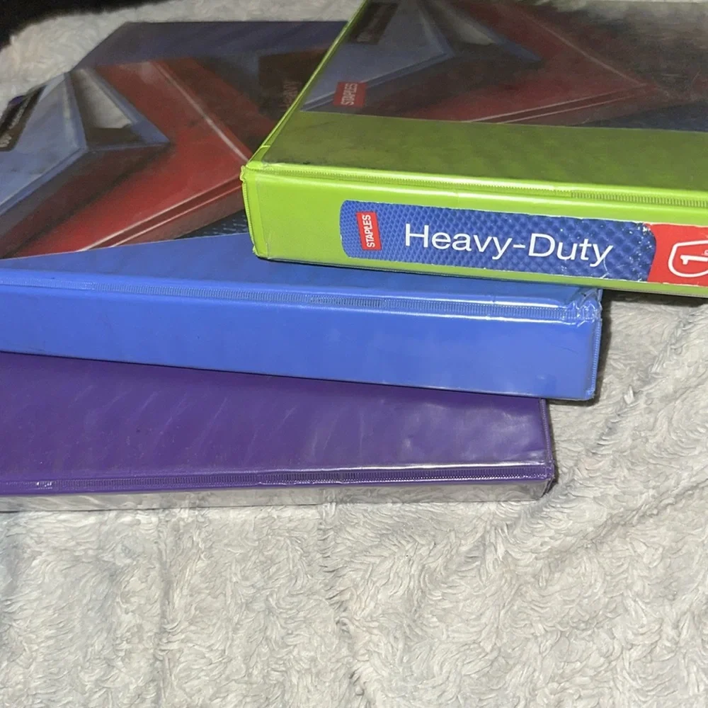 Staples Heavy Duty Binders - Purple, Green, Blue.